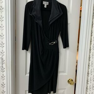 Joseph Ribkoff Size 12 black dress w/leather buckle detail and wired collar
